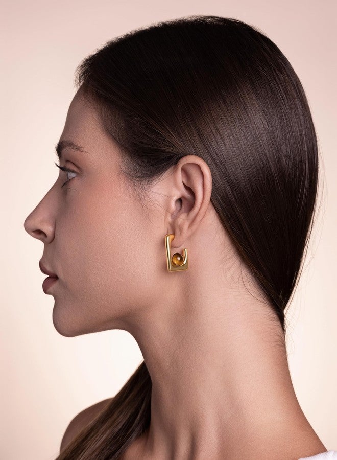 SNGIA Thin 18K gold plated Open Square Hoops Statement Earrings with Brown Tiger Eye Stone for Women by SNGIA, Small Bold Handmade Exaggerated Irregular Trendy Jewelry Gifts, Simple Geometric Post Hoop Huggie Summer Beach Fashion Earrings Accessories, Dainty Vintage Nickle Free Dangle Earrings. - Image 3